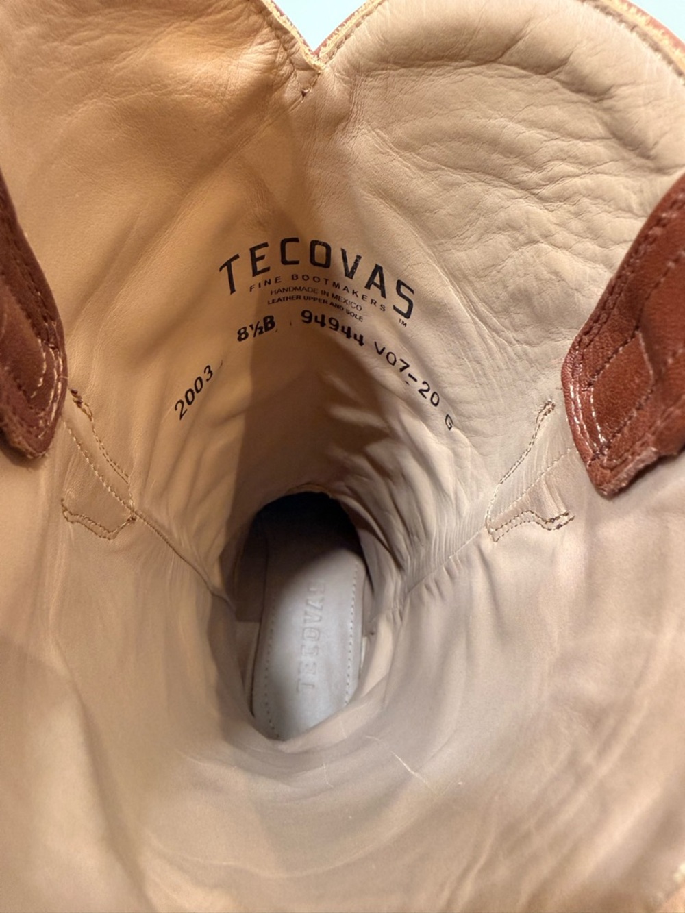 Tecovas Tan and Brown Leather Wide Cowboy Boots - Picture 8 of 8